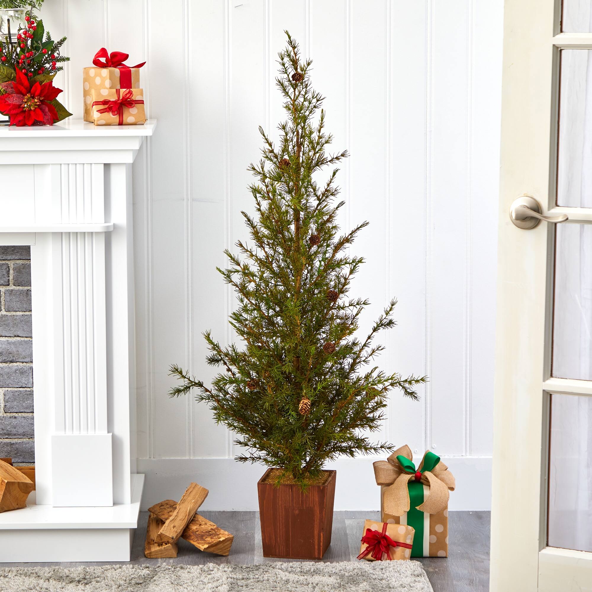 4' Alpine "Natural Look" Artificial Christmas Tree in Wood Planter with Pine Cones Bed Bath